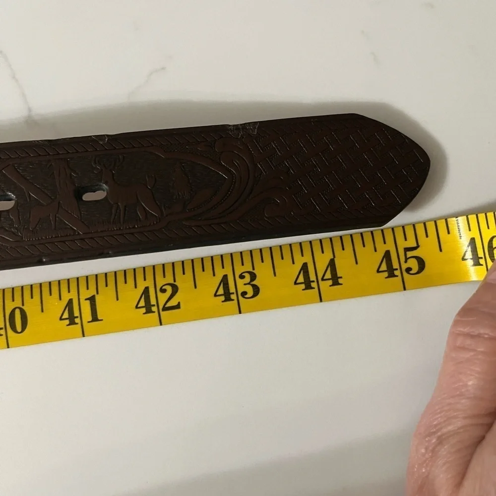 Genuine Leather Tooled Dark Brown Western Belt Deer in Forest Silver Tone Buckle